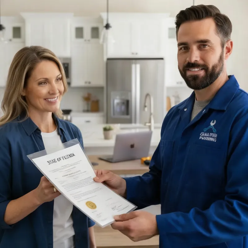 Plumber showing service documents to homeowner.