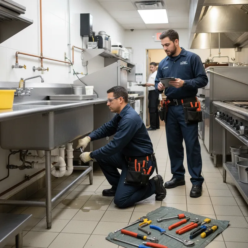 commercial plumber Port St Lucie in a restaurant kitchen solving plumbing issues with tools.