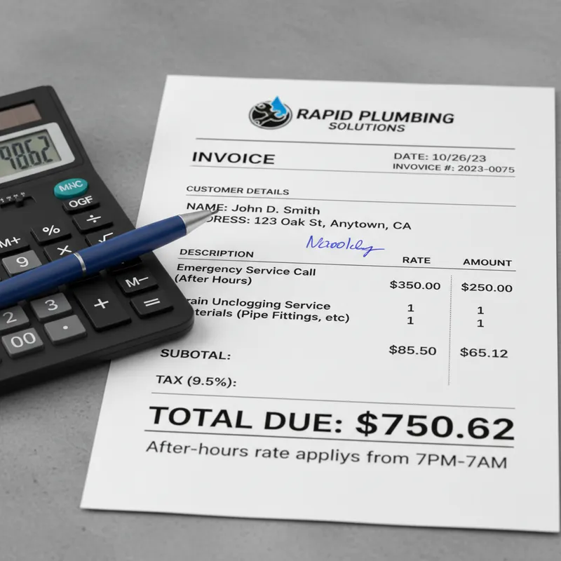 Close-up of plumbing invoice with high service rates.