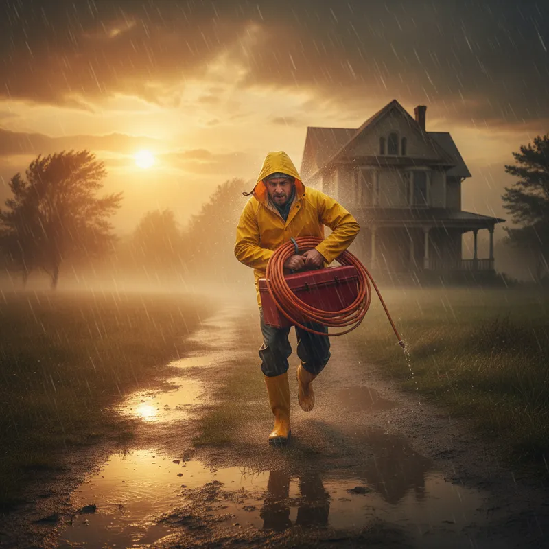 Plumber braving stormy weather to reach a house.