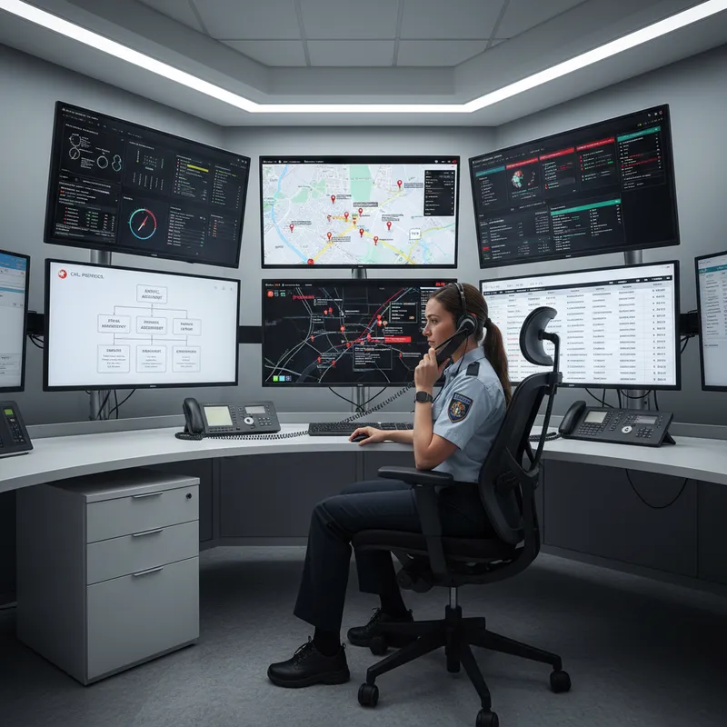 Dispatcher with headset surrounded by emergency protocol screens for emergency plumber Port St Lucie FL service calls
