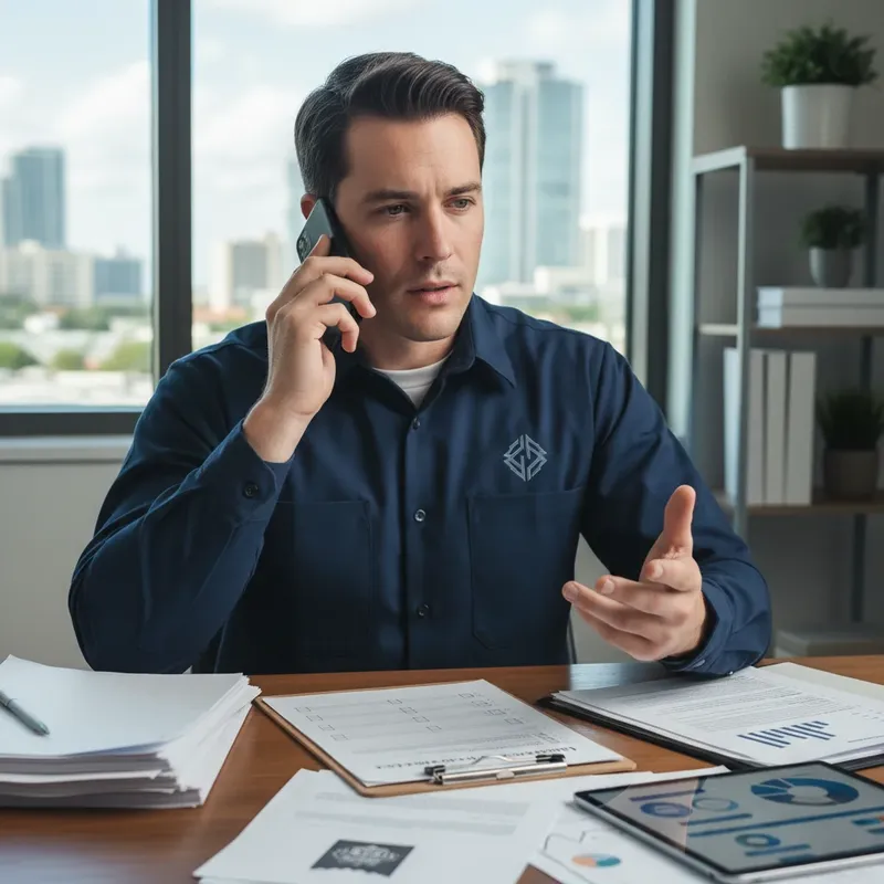 Licensed contractor on phone with documents and checklist.