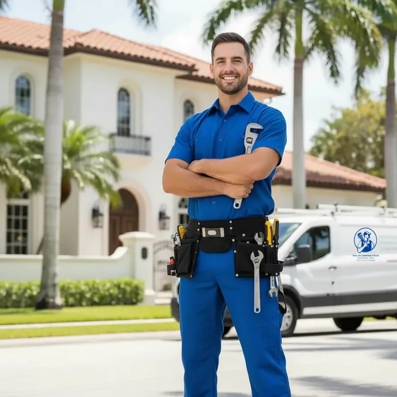 plumber in Port St Lucie FL with tools in front of a home for a residential plumbing service