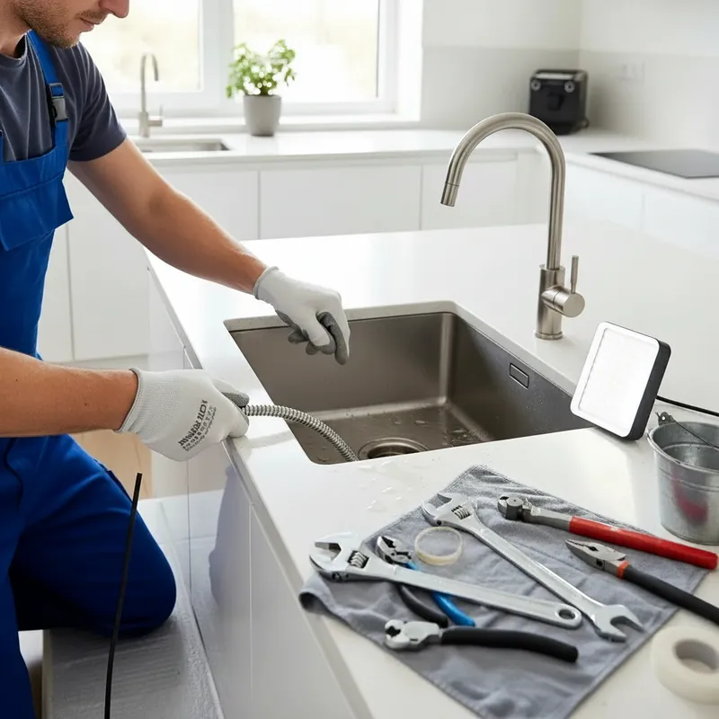 Plumber performing emergency drain cleaning assessment.