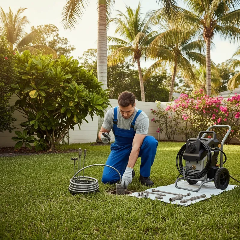 Plumber choosing between snaking and hydro jetting tools for a drain cleaning Port St. Lucie service.
