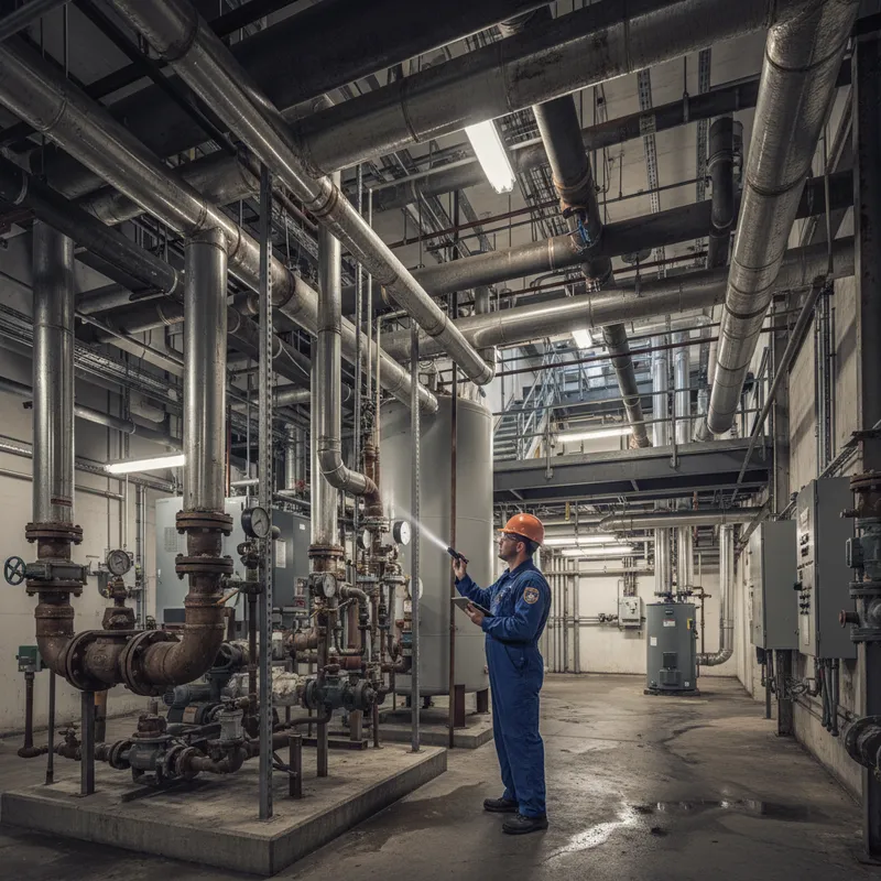 Plumber inspecting a large building's plumbing system.