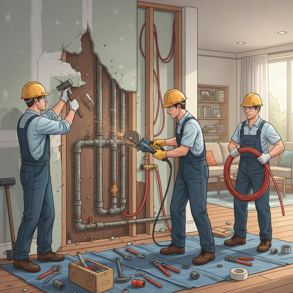 Workers accessing concealed pipes and conducting pipe replacement with drywall removal.