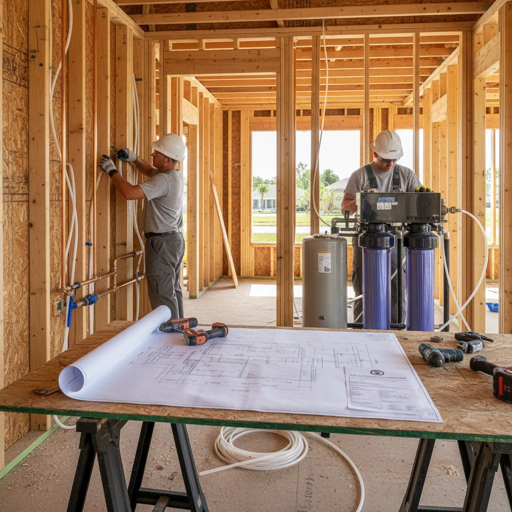 Plumbers working on repiping and water treatment installation in Port St. Lucie.