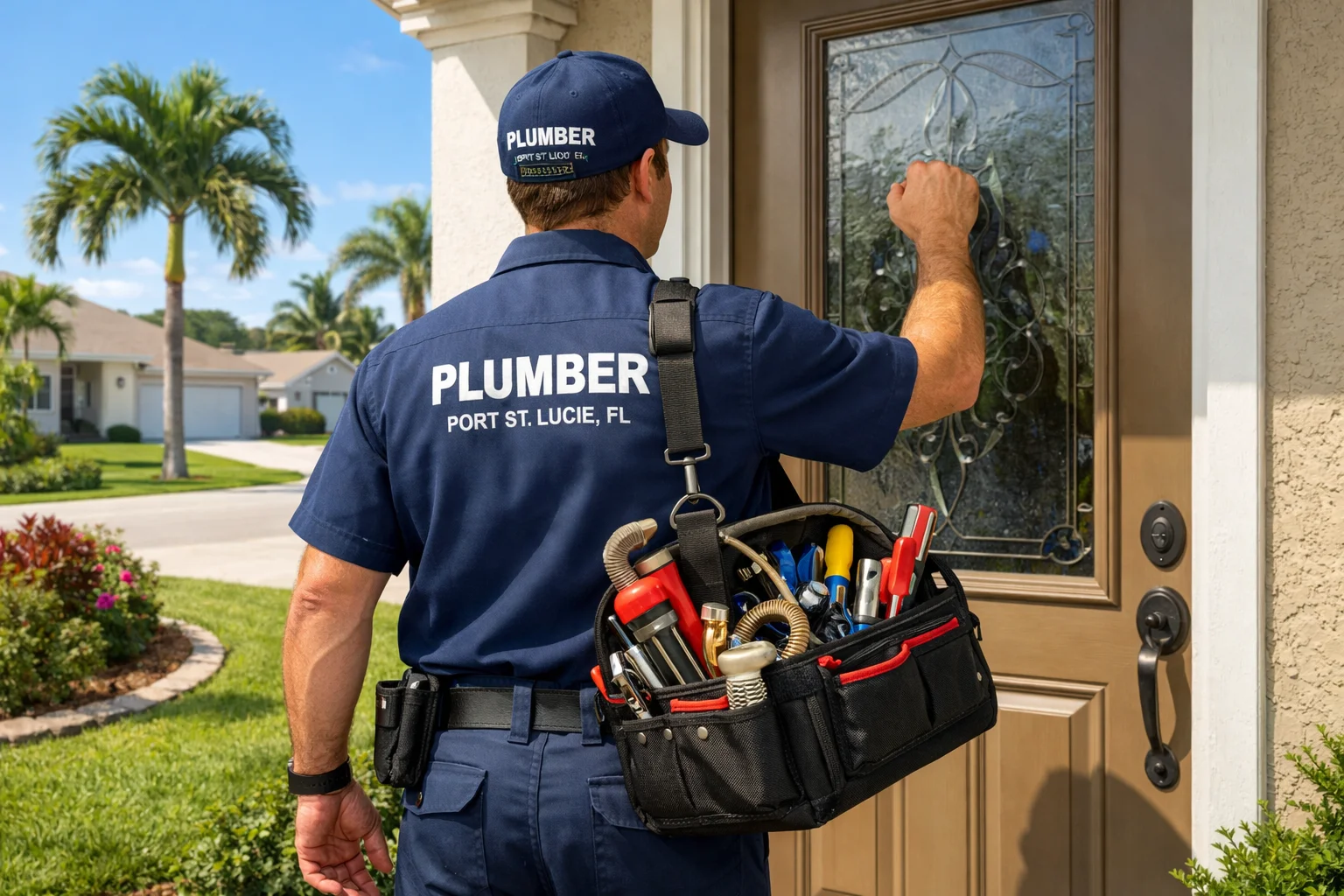 Plumber knocking on a door with a tool kit in a sunny PSL neighborhood.