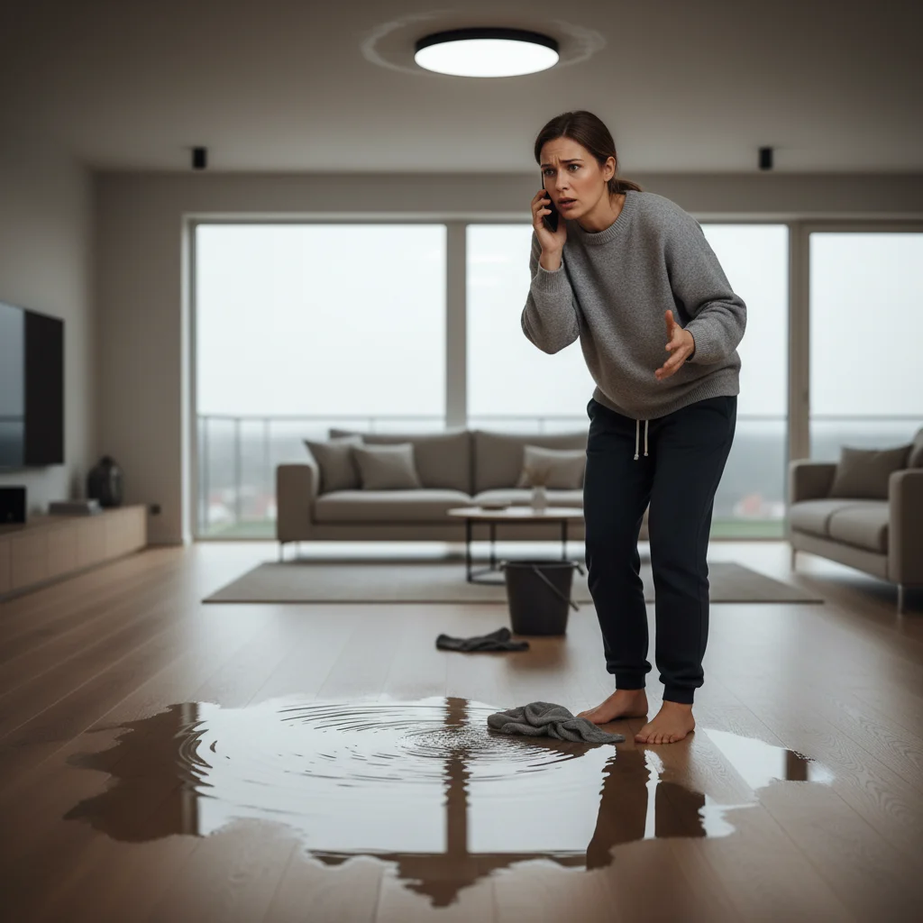 Homeowner calling plumber amidst water damage.