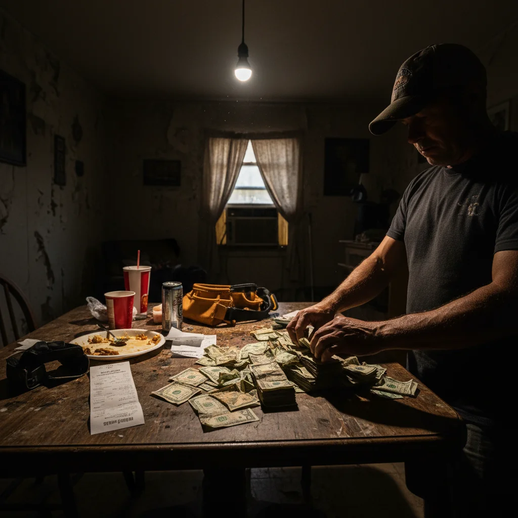 Contractor counting cash payments in dimly lit setting.