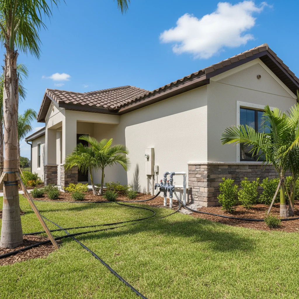 Exterior of Tradition home with visible irrigation lines.