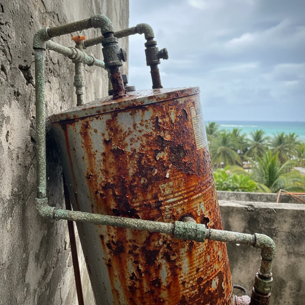 Corroded metal tank water heater in humid coastal Florida.