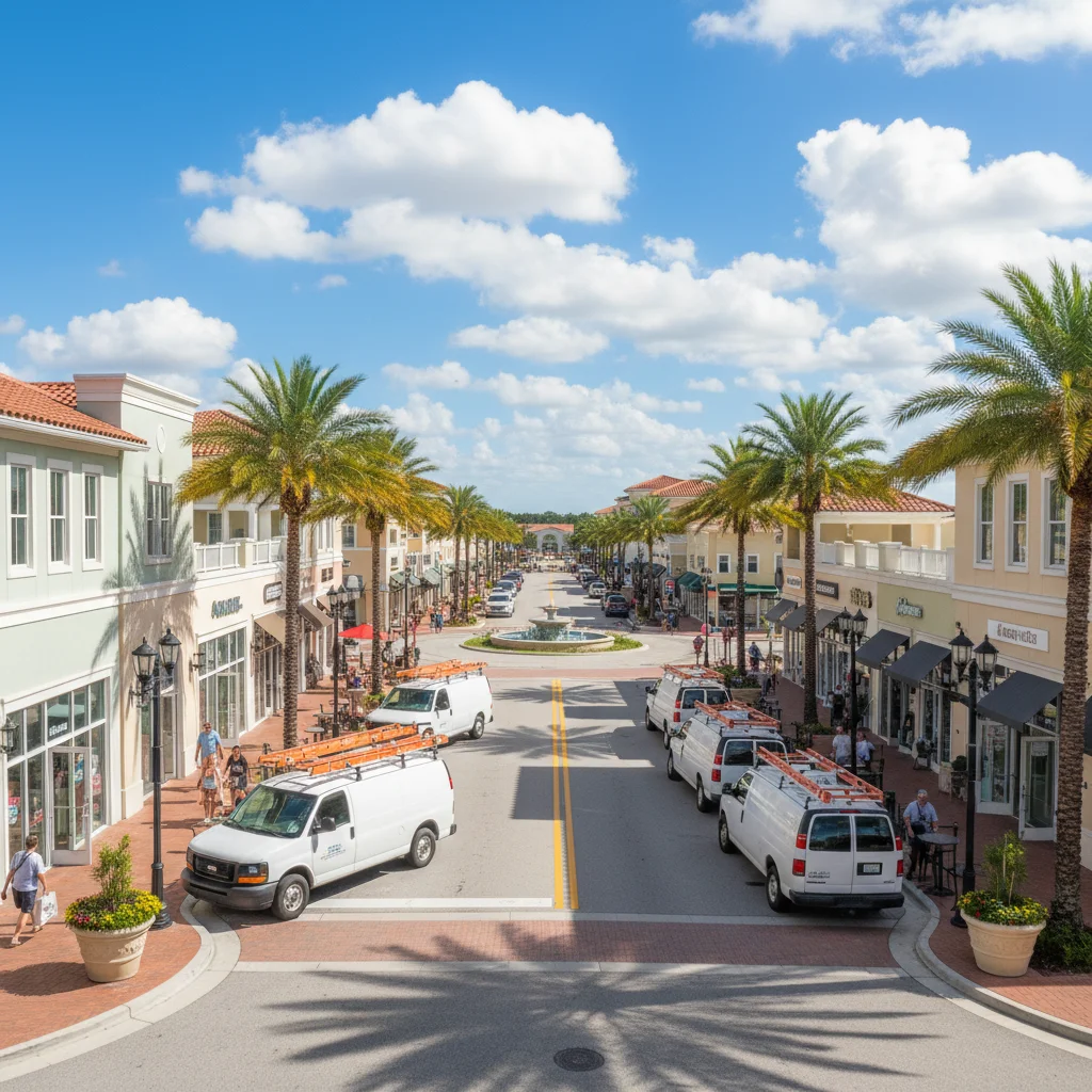 Commercial area in Tradition Square with plumbing vehicles.