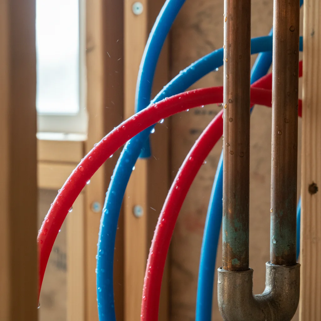 Close-up of PEX and copper piping in construction.