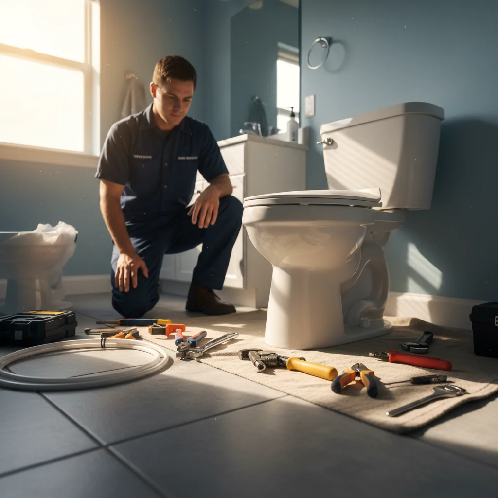 Plumber replacing toilet in a clean bathroom with tools on the floor.