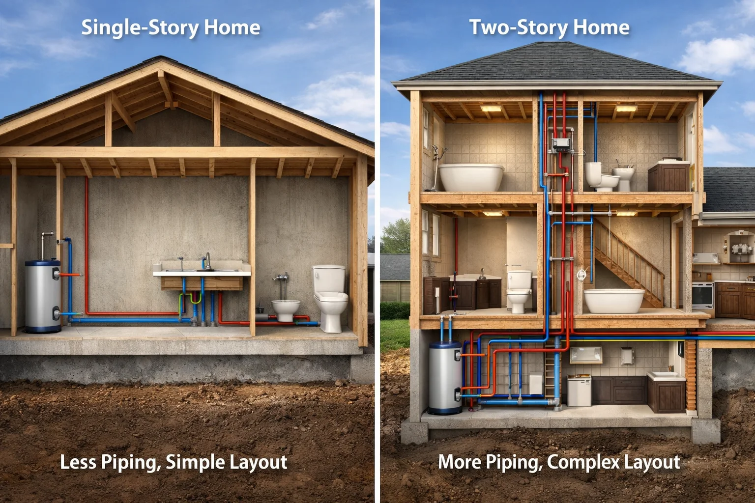Comparison of pipe installation in single-story and two-story homes.