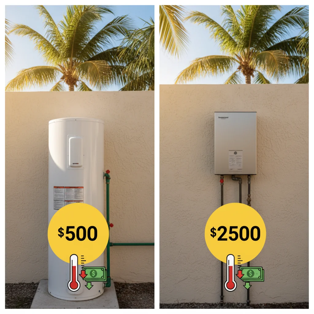 Tank and tankless water heaters with price tags in sunny Florida setting highlighting tankless vs tank water heater Florida options