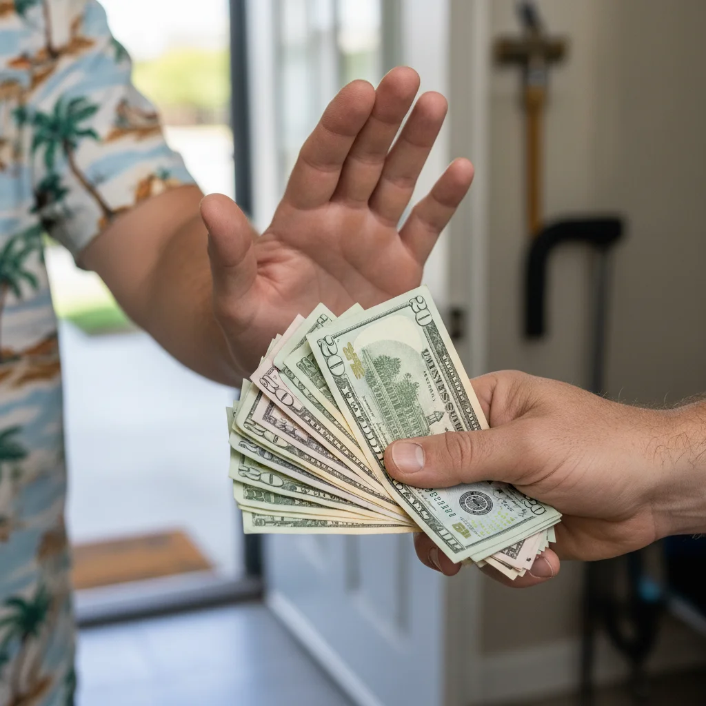 Hand rejecting cash-only payment demand from plumber close-up.