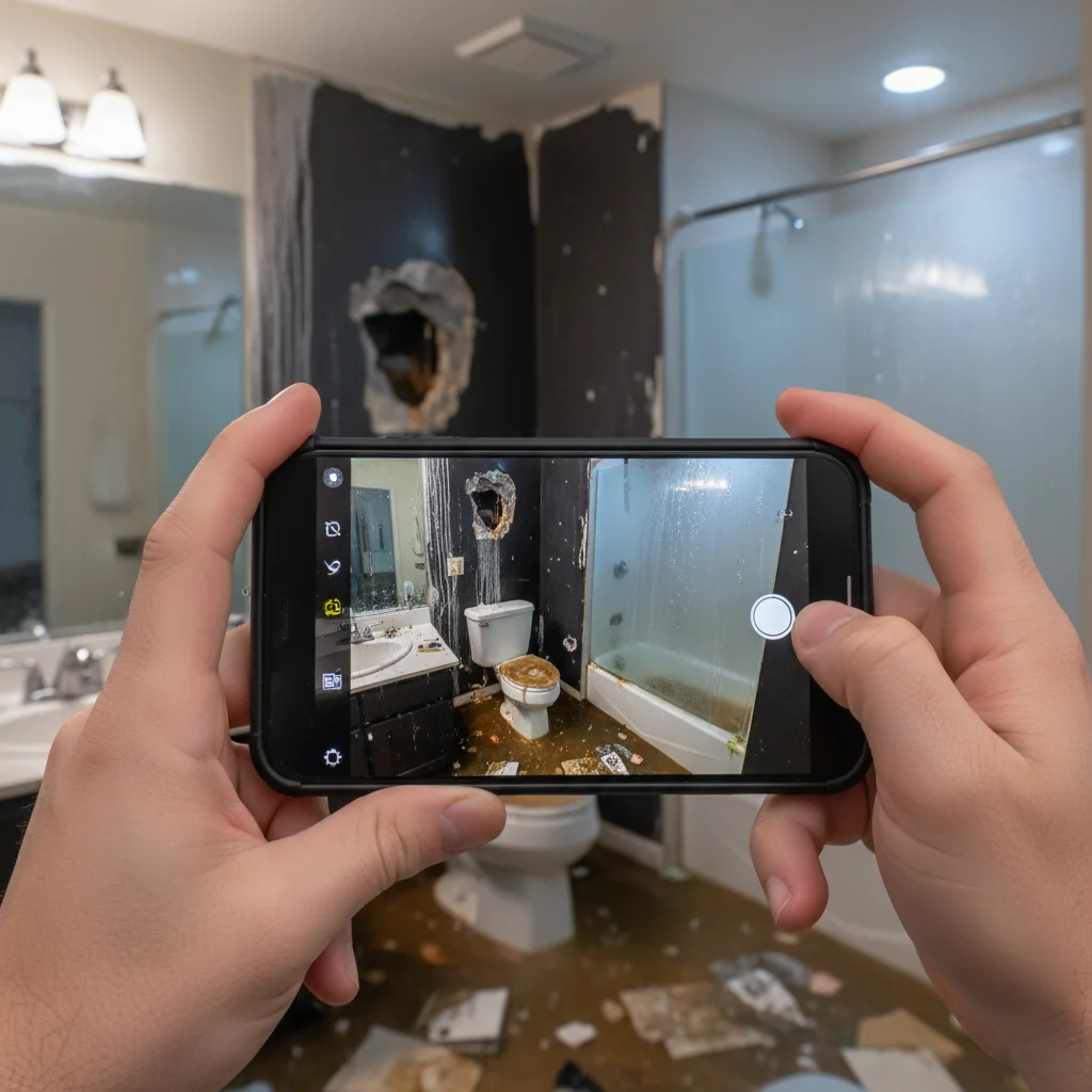 Person photographing water damage in bathroom.