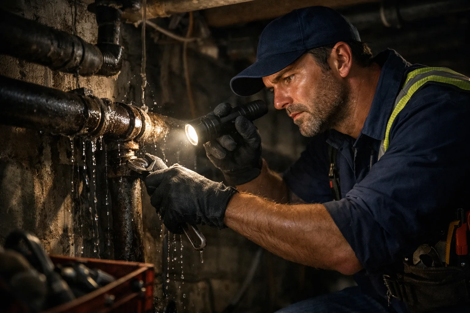 On-call plumber fixing pipe leak in dimly lit basement, flashlight used.