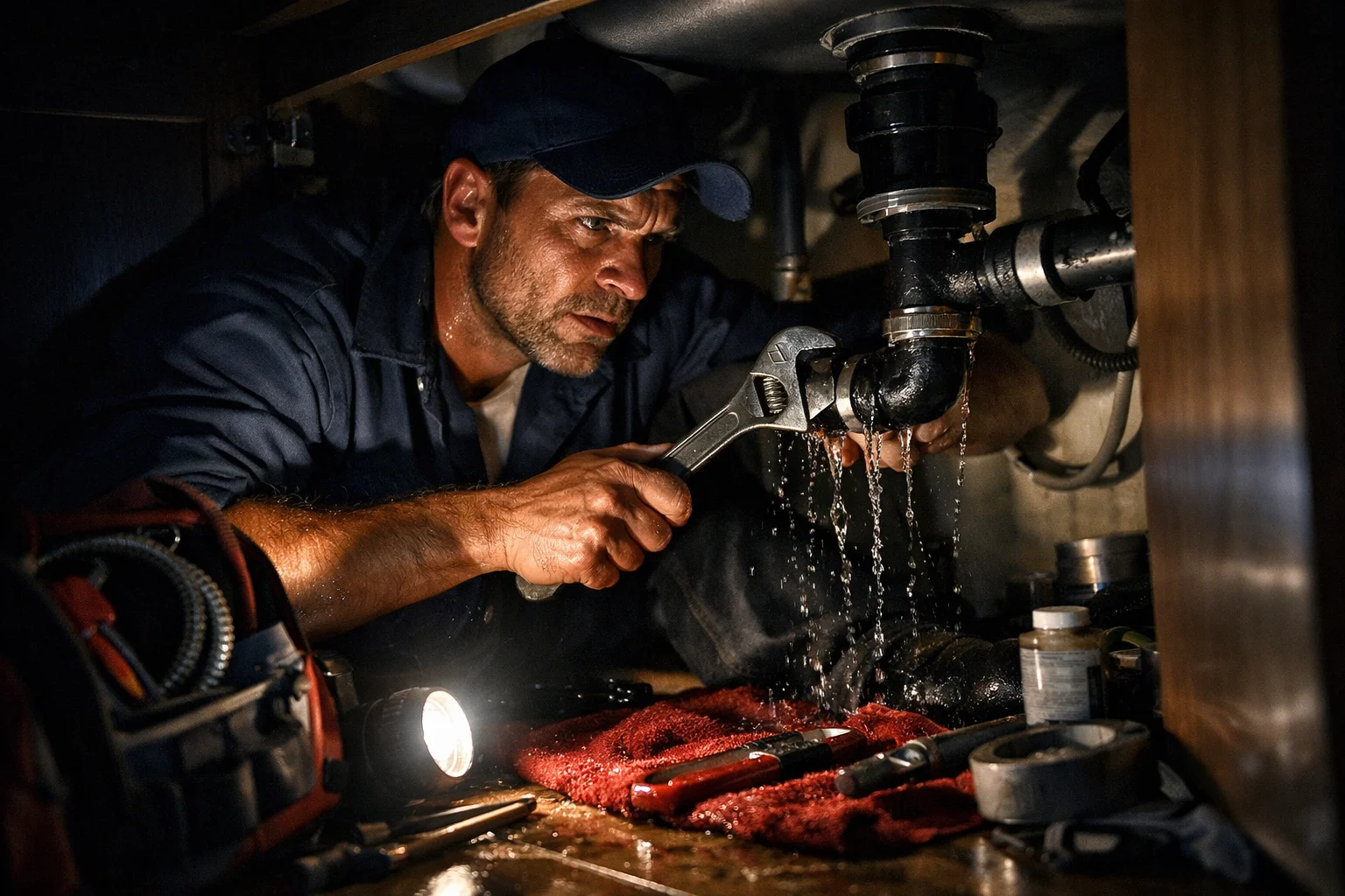 Plumber fixing a leaking pipe at night with a tense expression.