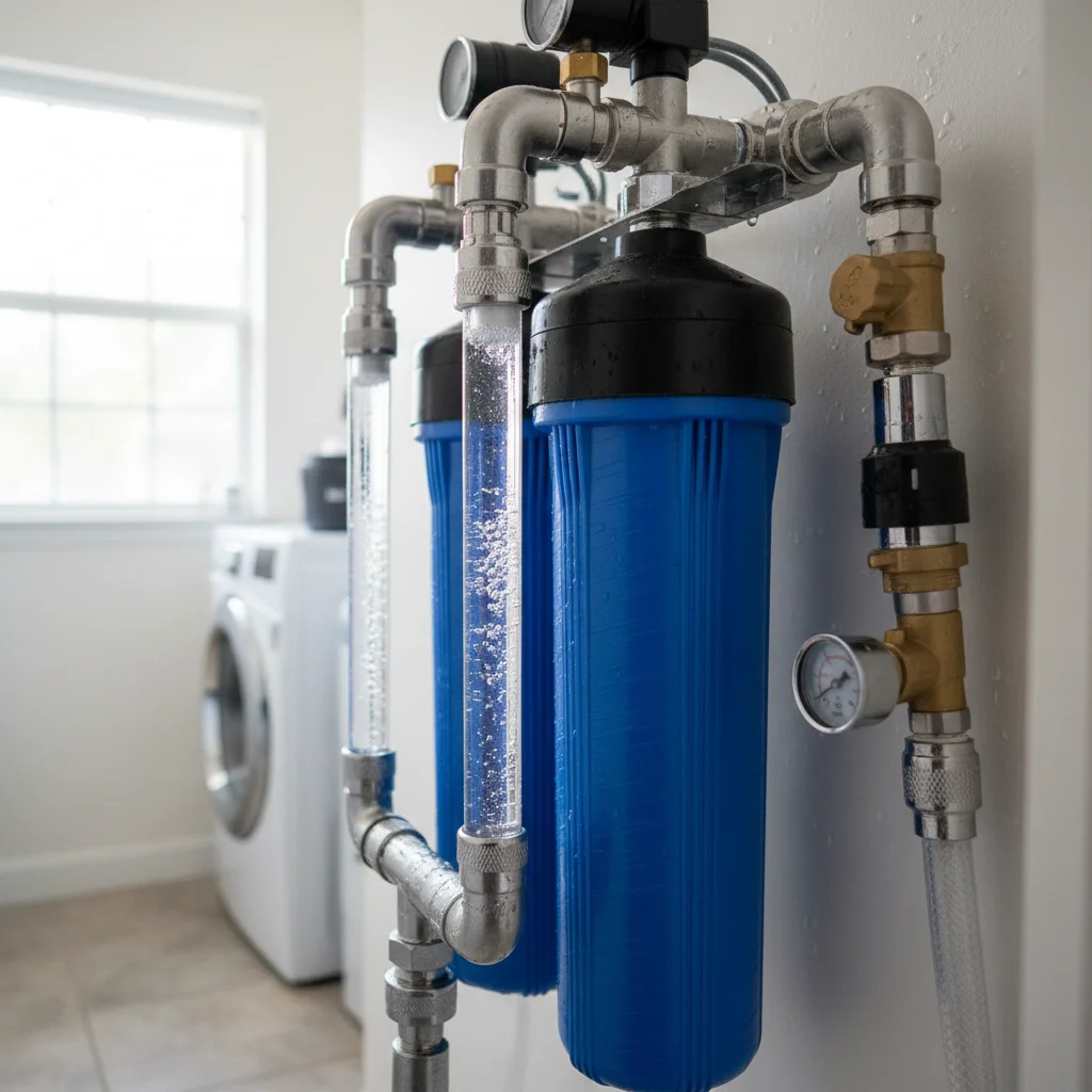 Carbon filtration system with clear tubes removing chlorine in Port St. Lucie.