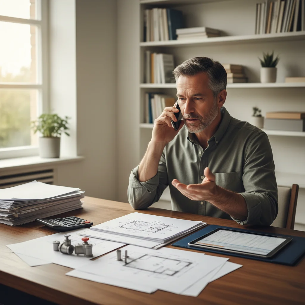 Homeowner on phone discussing plumbing quotes, documents on desk.