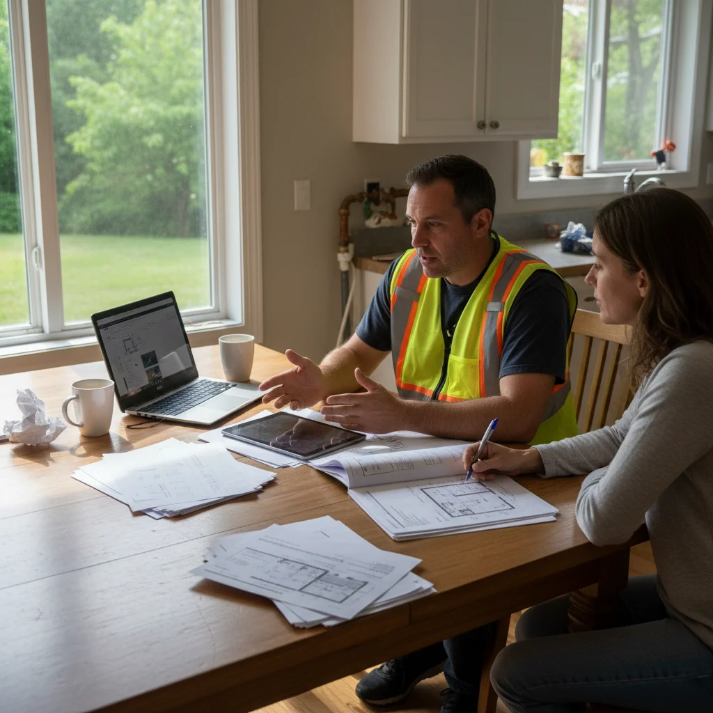 Contractor and homeowner discuss permits at kitchen table, papers visible highlighting plumbing costs Port St Lucie calculations and explanations.