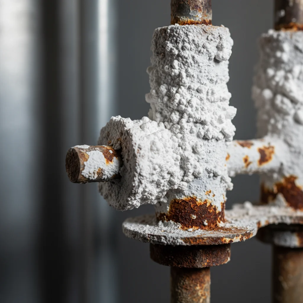Mineral deposits and corrosion on a water heater component close-up highlighting water heater maintenance Port St Lucie service needs.
