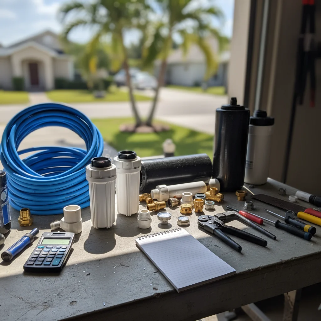 Water treatment equipment and tools on a workbench in Port St. Lucie.