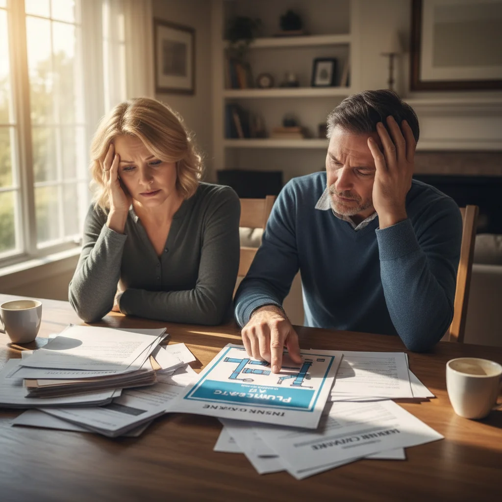 Couple reviewing insurance papers at dining table, sunlight highlights papers.