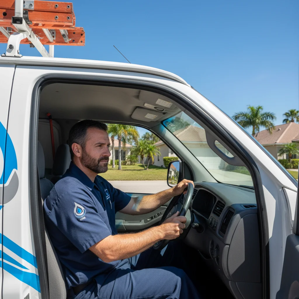 Plumbing contractor driving van in Port St. Lucie suburb highlighting plumber Tradition Port St Lucie service.
