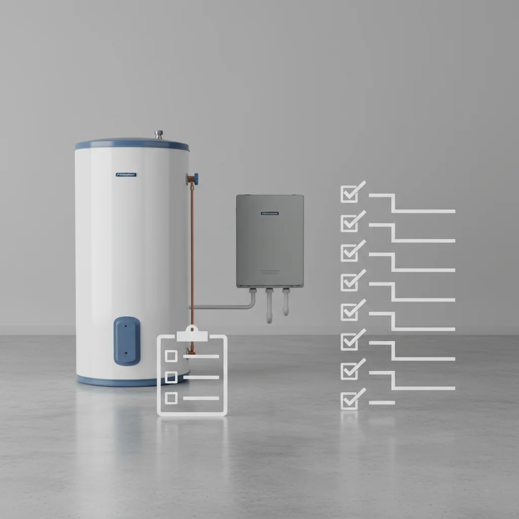 Tank and tankless water heaters with maintenance checklists beside them.