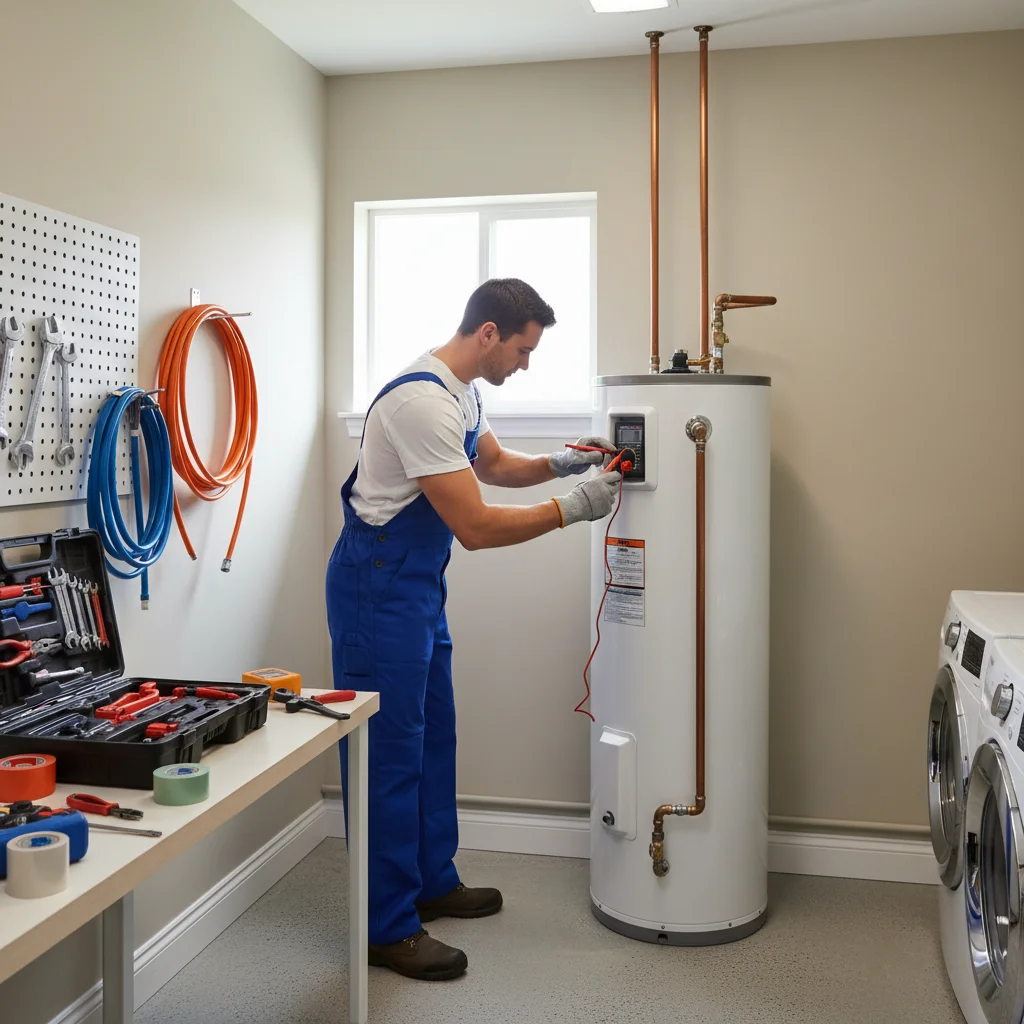 Plumber inspecting water heater in utility room, tools visible.