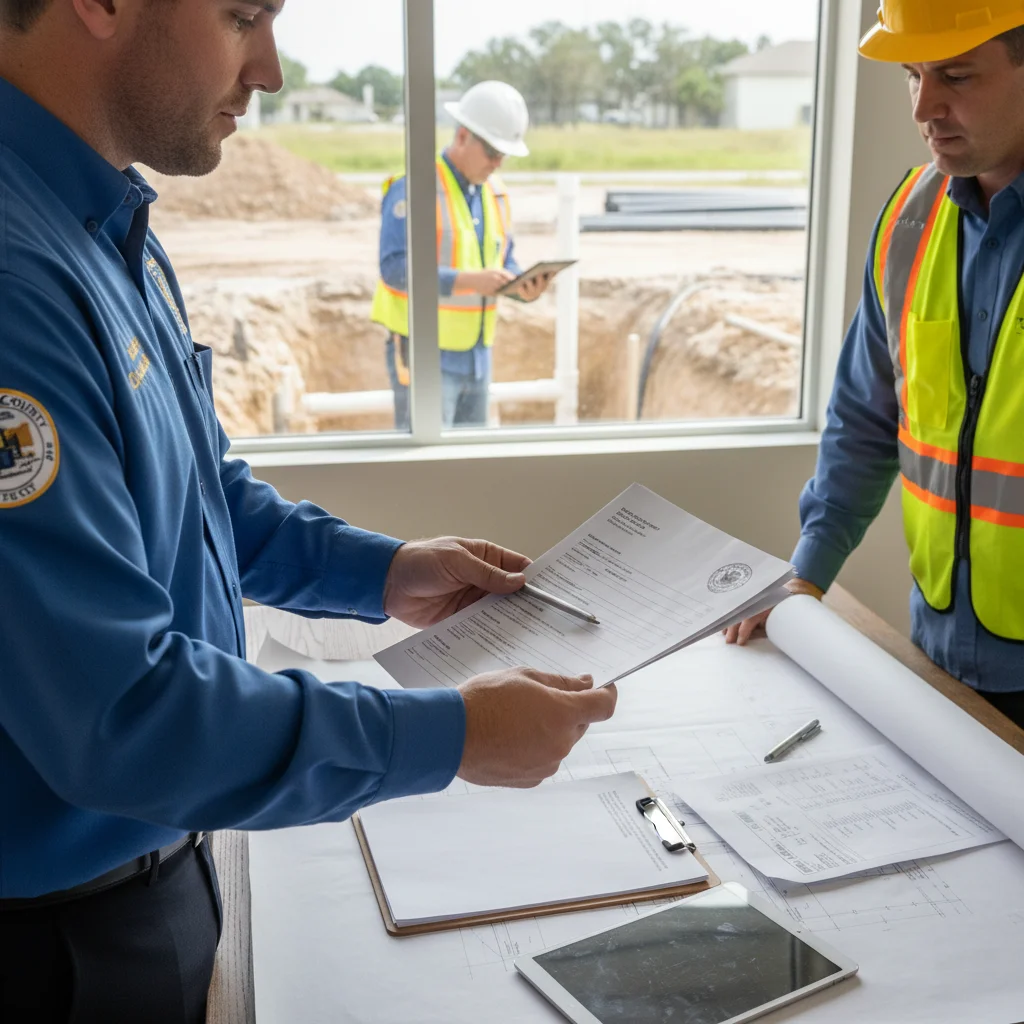 St. Lucie County official issuing permit for pipe replacement with paperwork.
