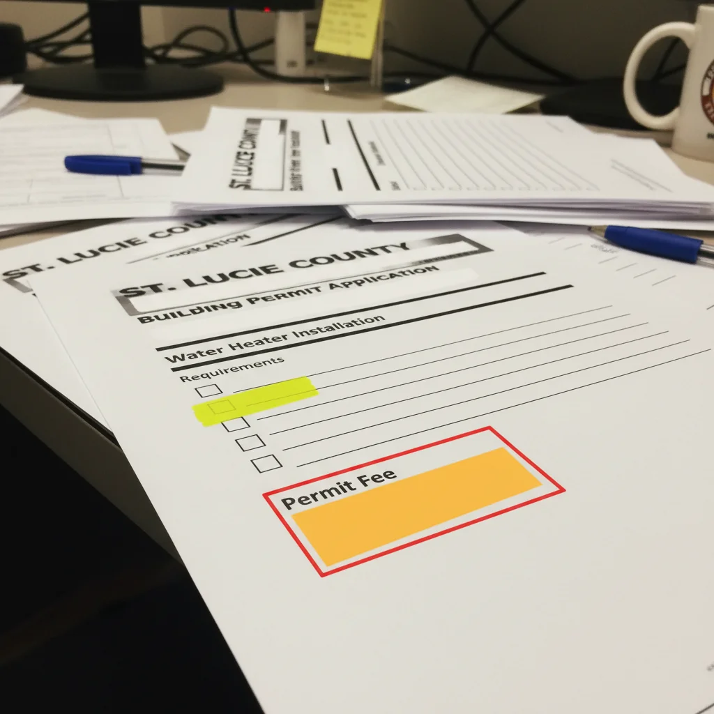 St. Lucie County building permit document for water heater installation.