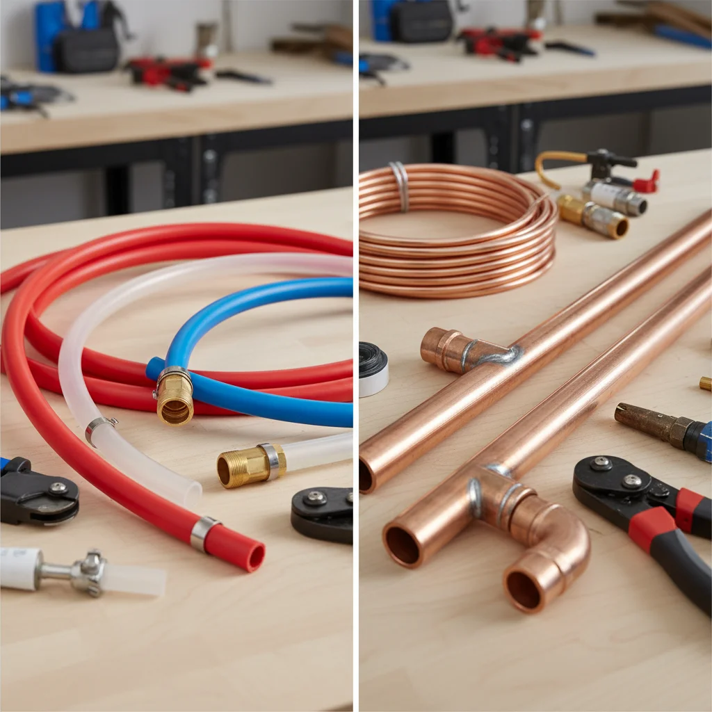 Comparison of PEX and copper pipes showing material differences.