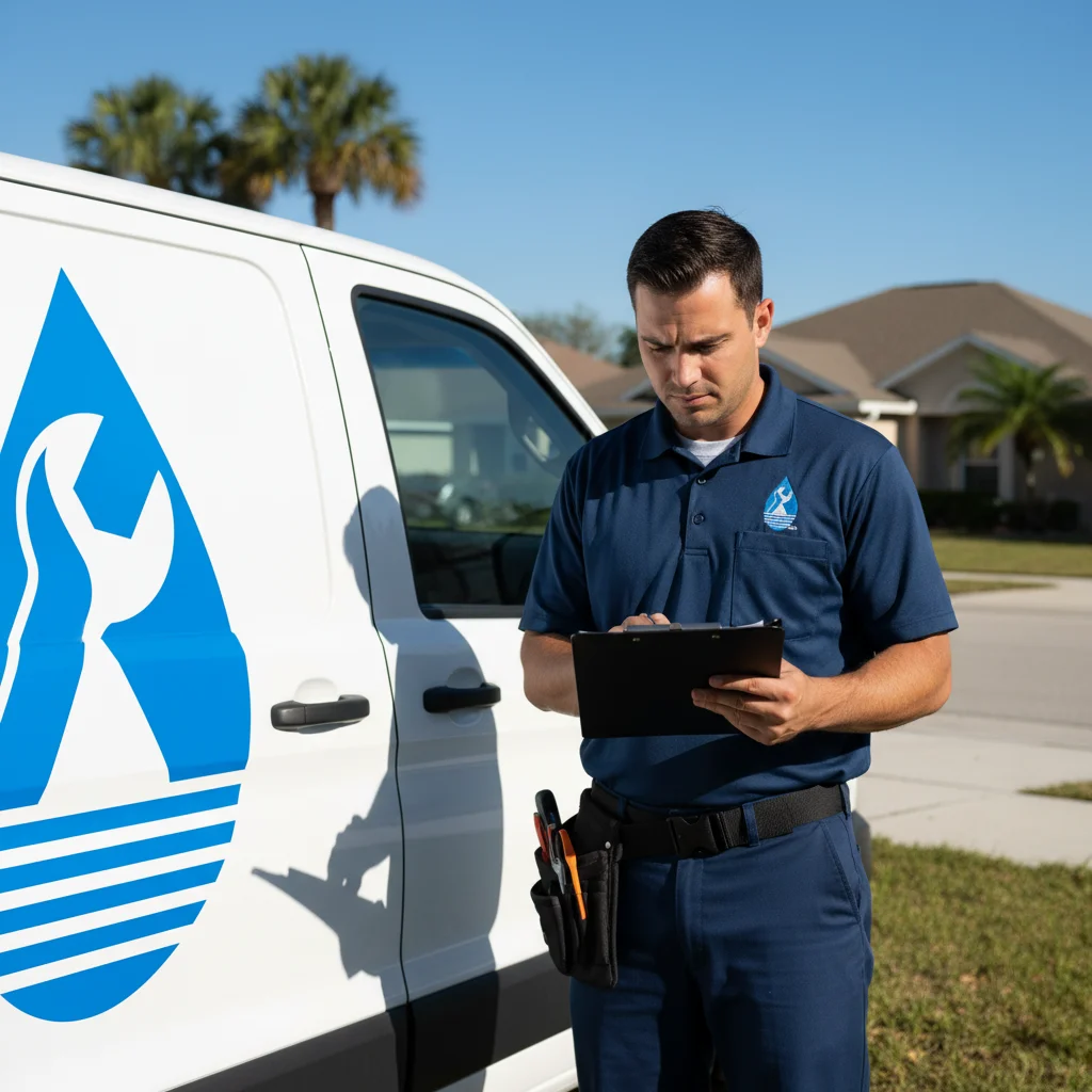 Plumber with clipboard checking rates near service van in Port St. Lucie.