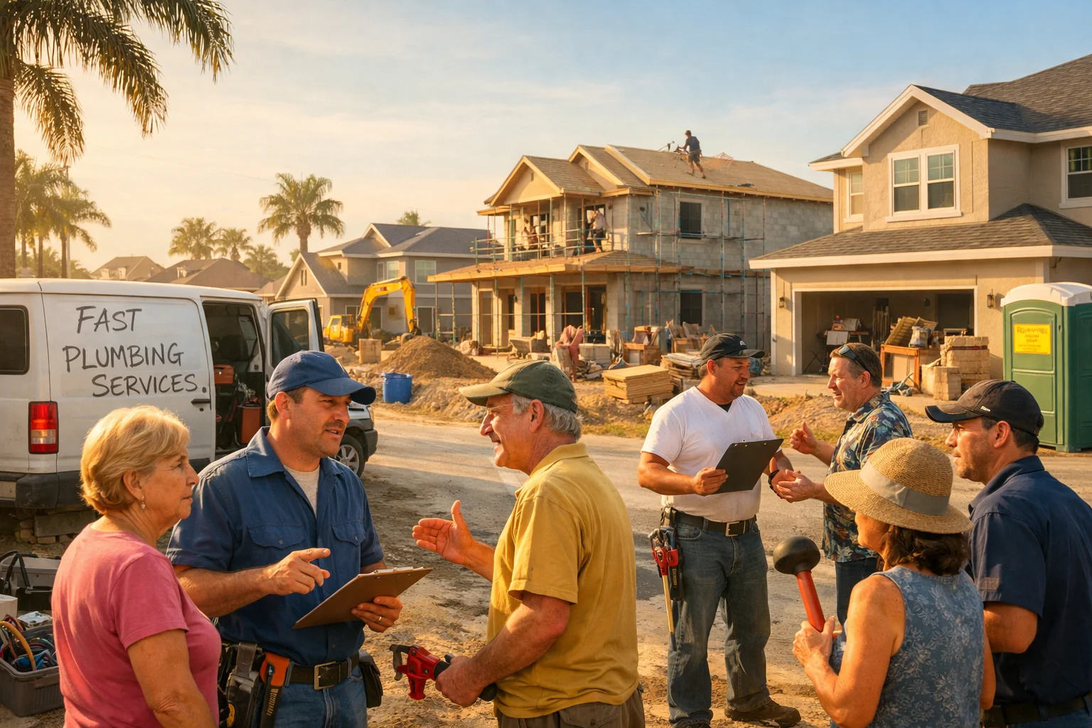 Neighborhood scene with fake plumbers offering services to homeowners.