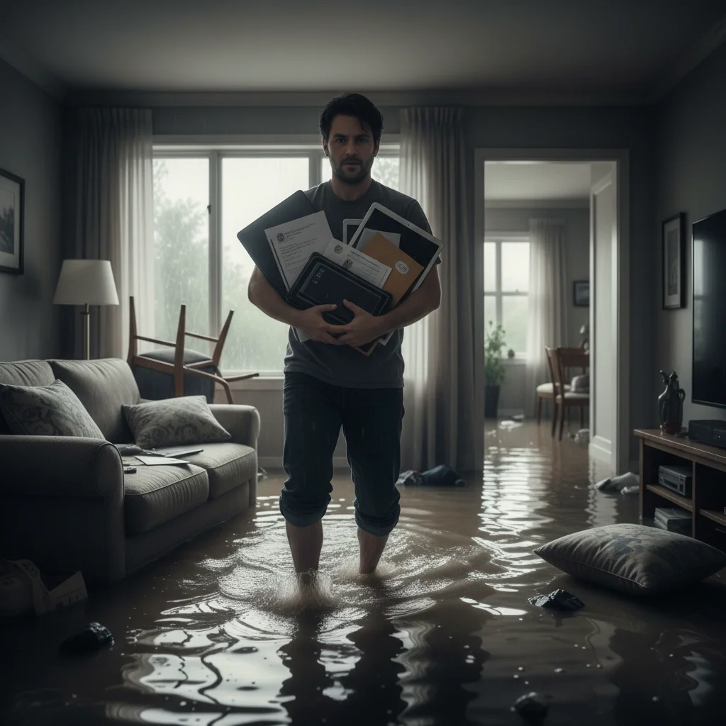 Person removing valuables from flooded living room following a burst pipe Port St Lucie plumbing emergency.