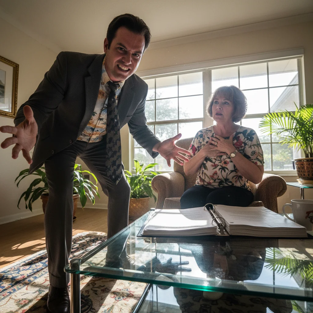 High-pressure salesman pushing contract in homeowner's face.