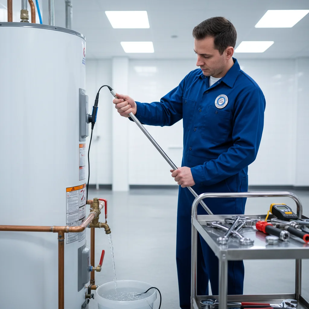 Licensed plumber testing a water heater's temperature relief valve.