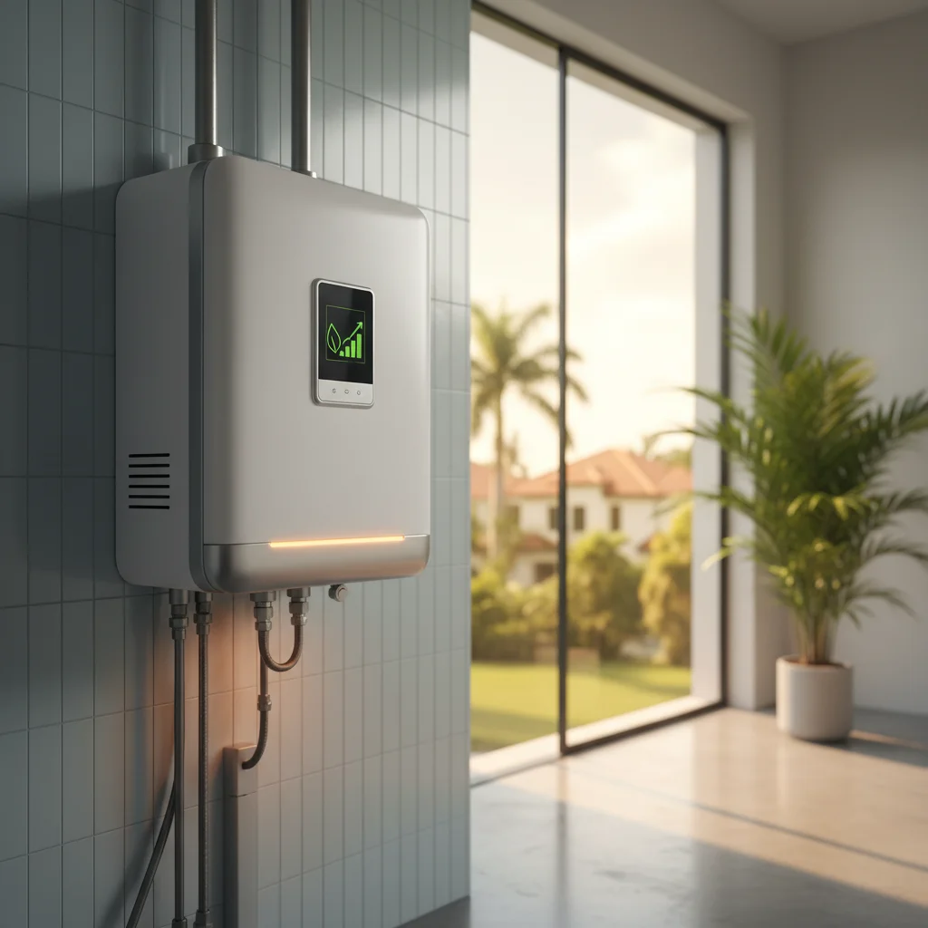 Compact tankless water heater in modern Florida home with energy display.