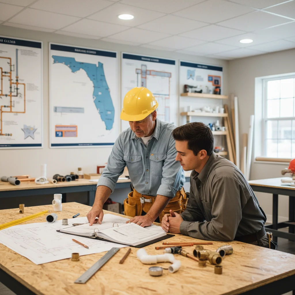 Contractor reviewing documents in workspace, focus on Florida standards.
