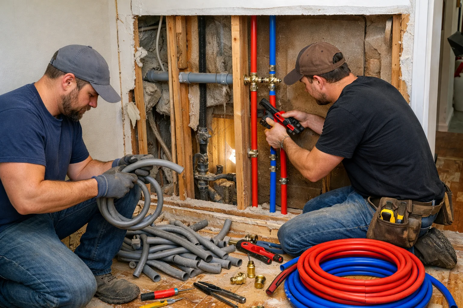 Workers removing polybutylene pipes and installing new lines in a home.