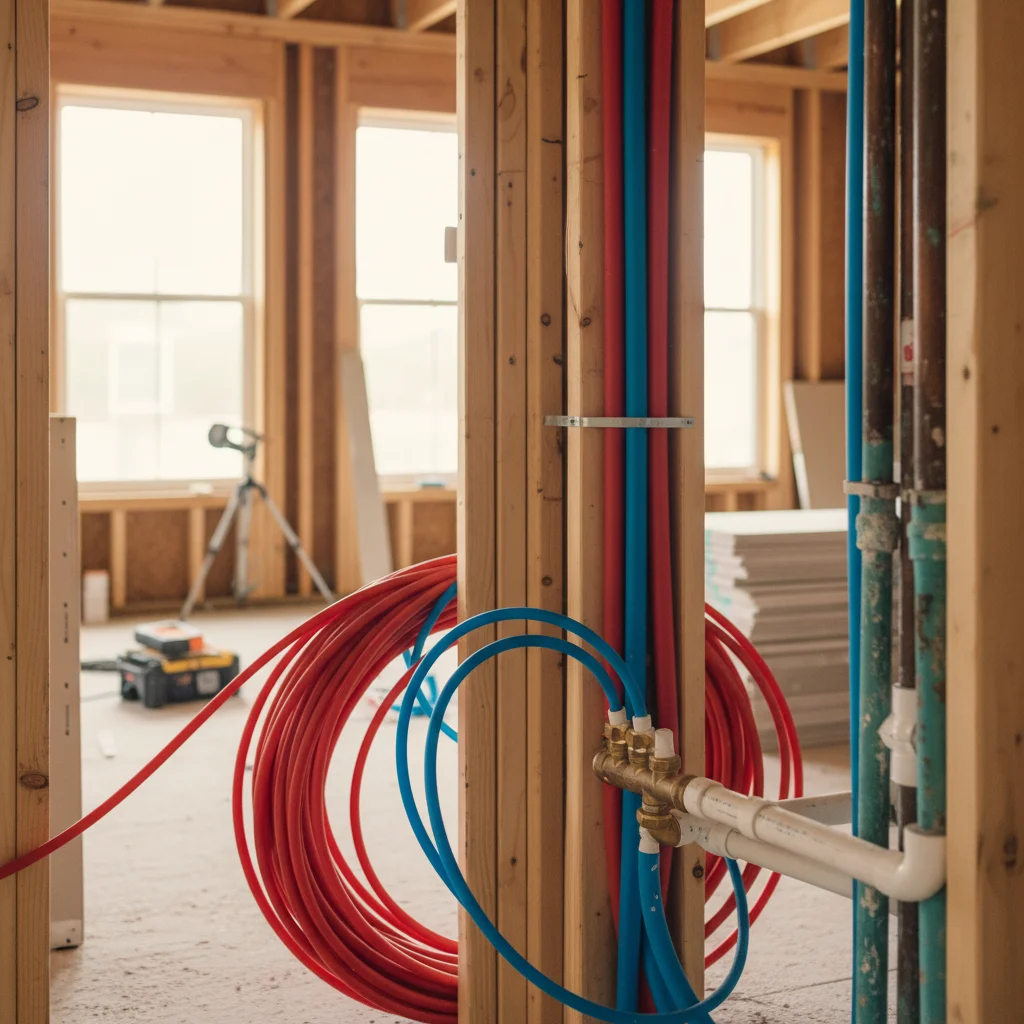 PEX pipes being installed, comparing PEX and copper materials.