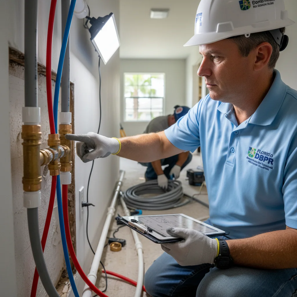 Contractor inspecting a water system during polybutylene replacement.