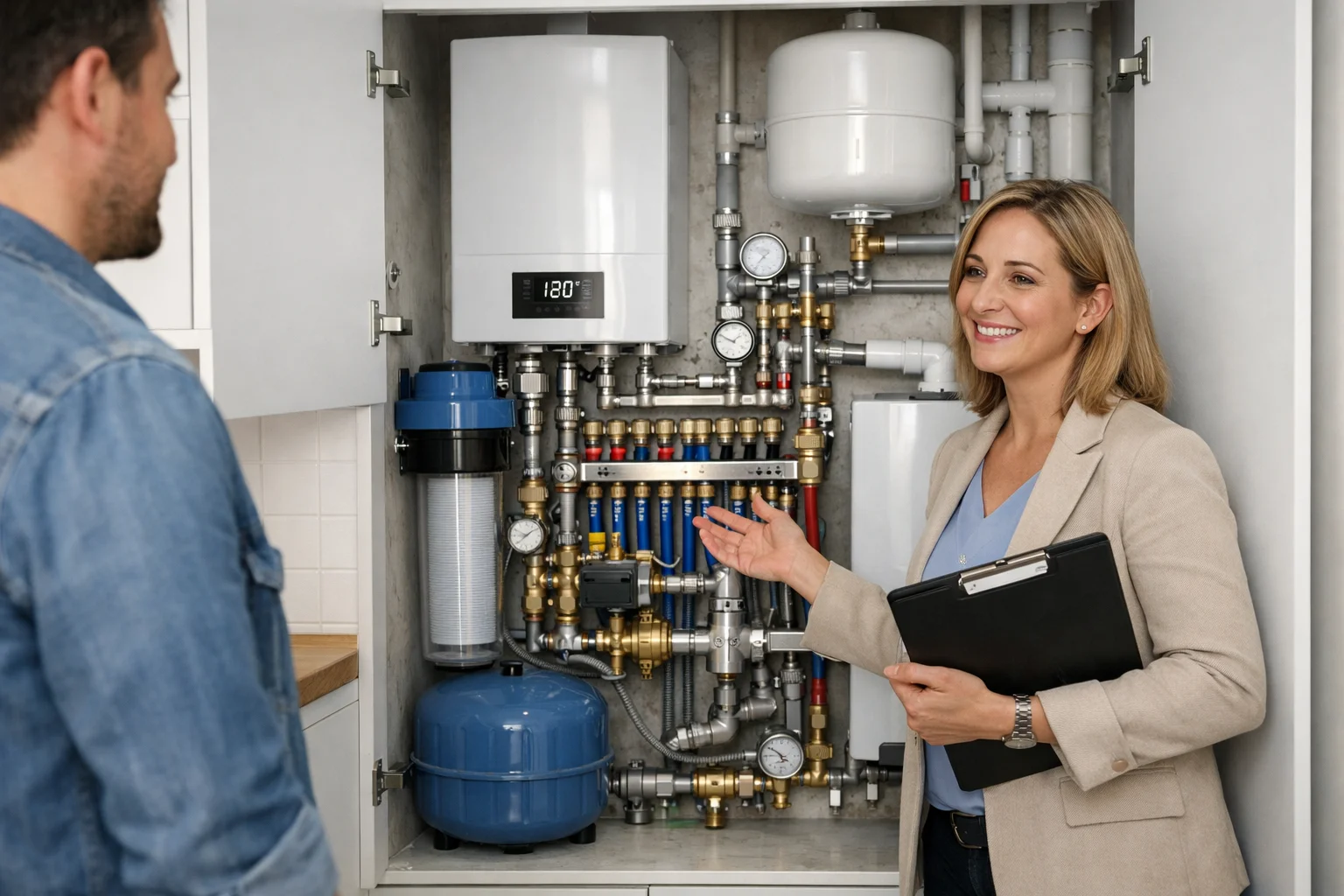 Real estate agent showing home with updated plumbing and increased resale value.
