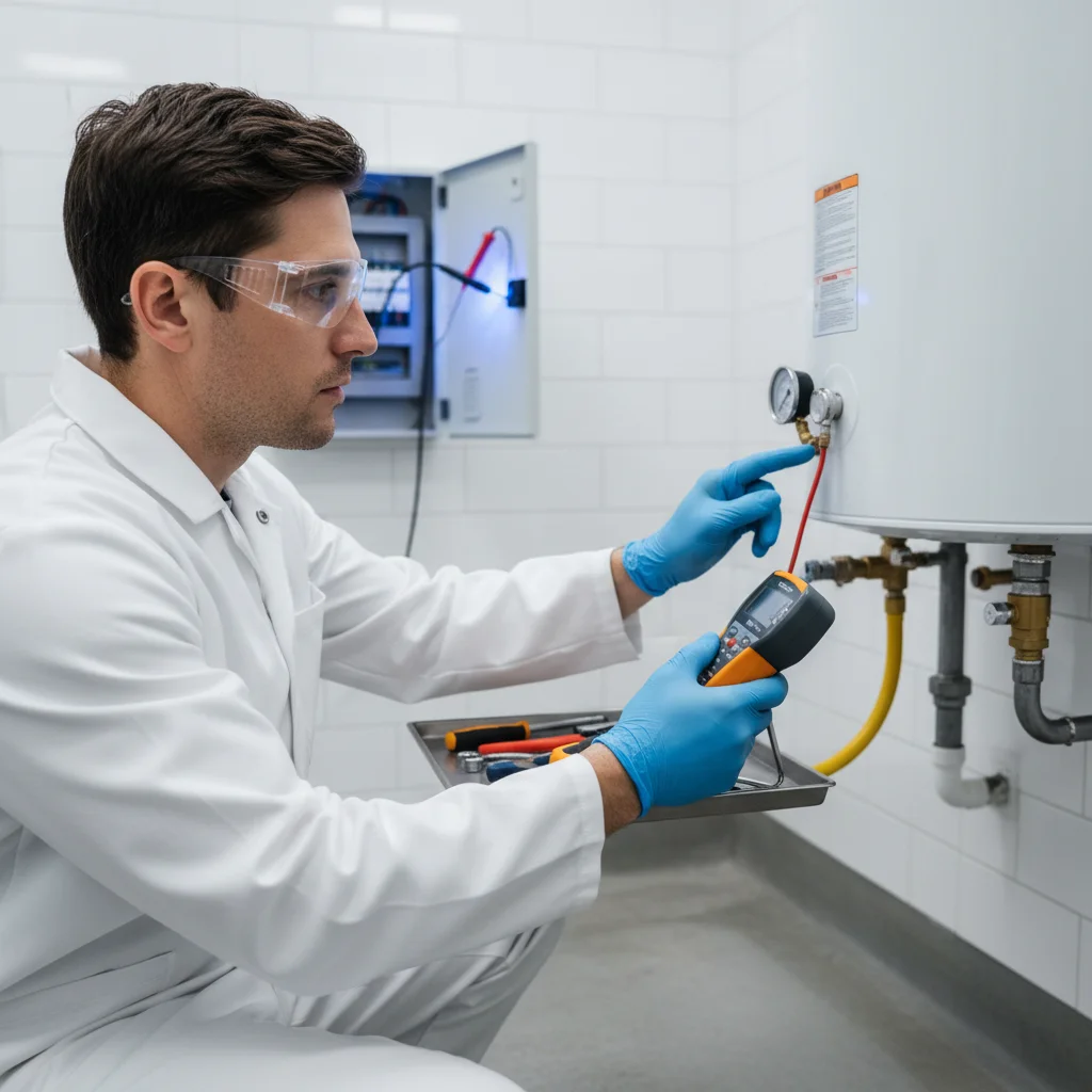 Professional inspecting gas and electrical connections on a tank water heater.